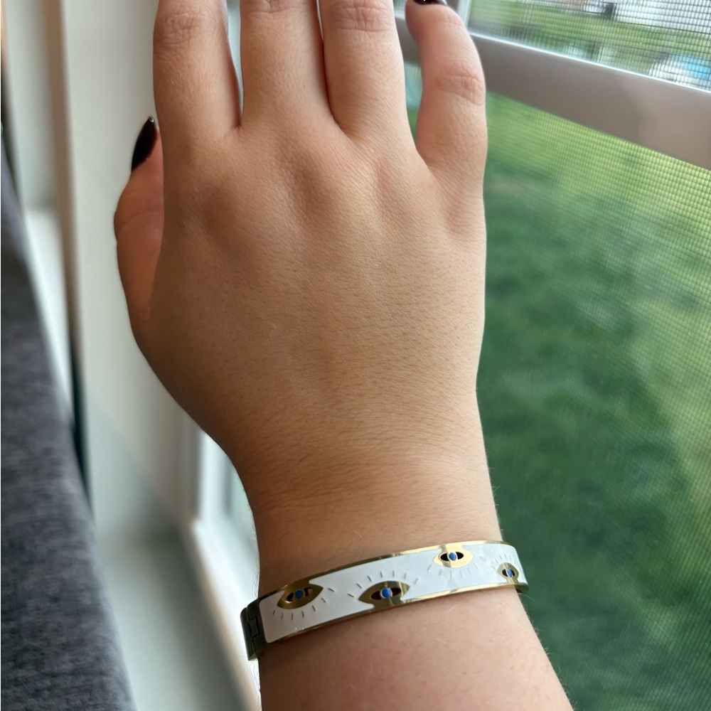 White and Gold Stainless Steel Evil Eye Bangle Bracelet
